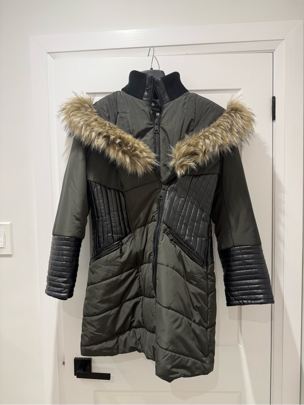 Northside Olive Green Quilted Puffer Coat with Faux Fur Trim